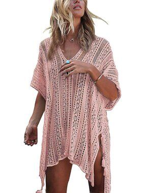 〽️Women Pink Crochet Cover up Summer Swimsuit Bikini Swimwear Beach